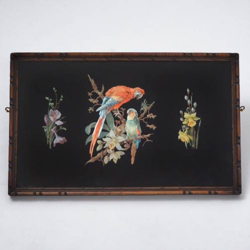 Art Deco reverse painting on glass with foil, parrots, 1930s ca, English